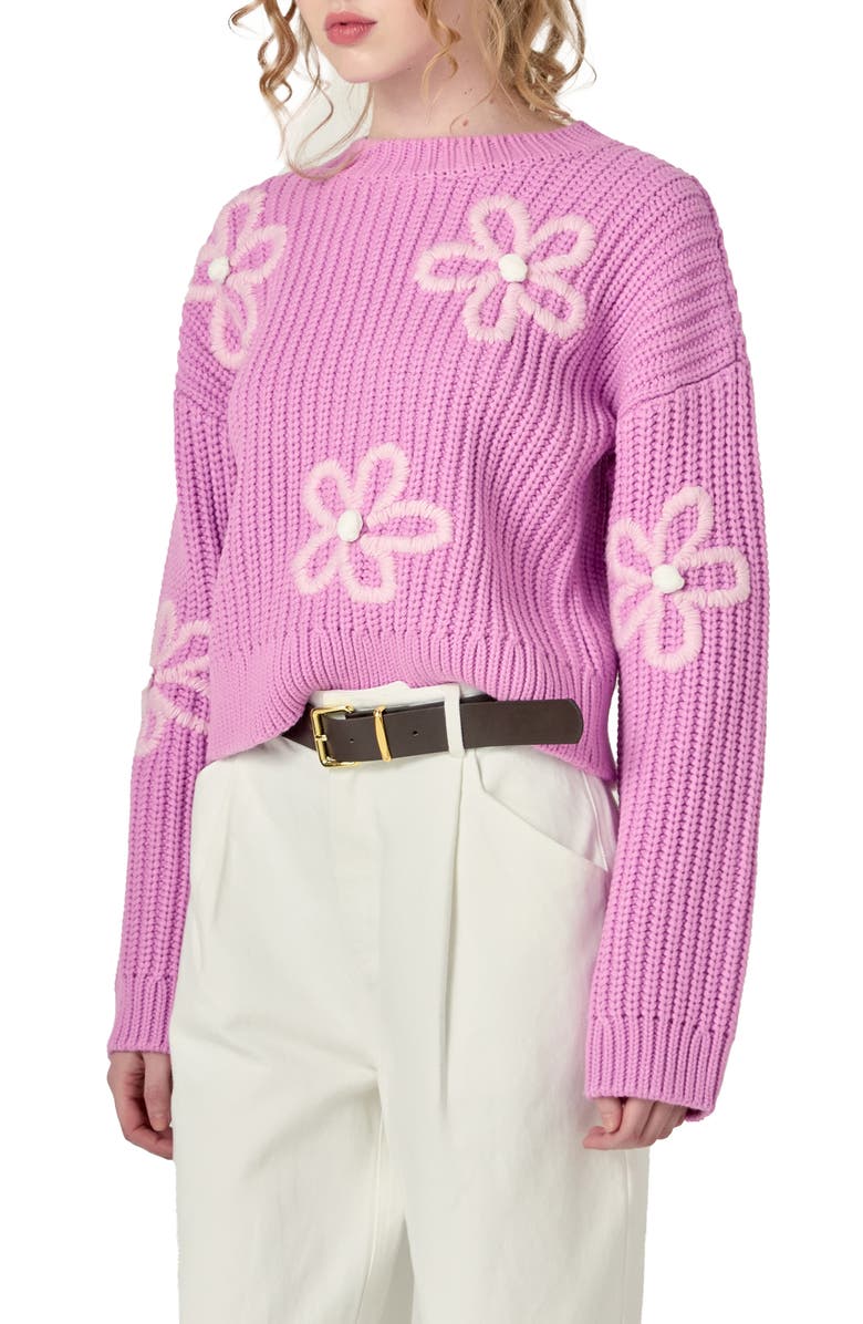 English Factory Flower Embroidered Crewneck Sweater, Alternate, color, Pink
