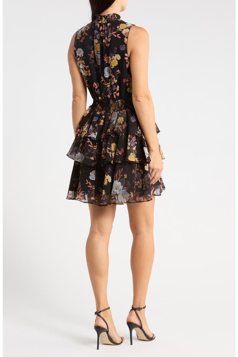 Floral Smocked Waist Tiered Minidress, Alternate, color, RICH BLACK