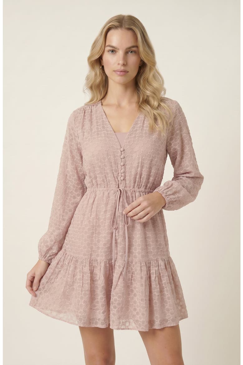 Polka Dot Embroidered Lace V-Neck Tie Waist Dress, Main, color, Beige