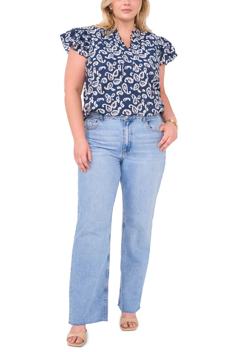 Paisley Flutter Sleeve Organdy Top, Alternate, color, TIDAL NAVY