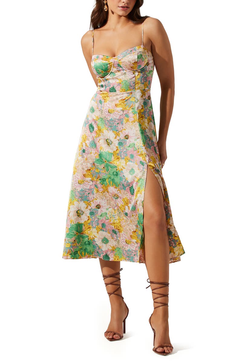 ASTR the Label Bustier Satin Dress, Main, color, Coral Yellow Floral