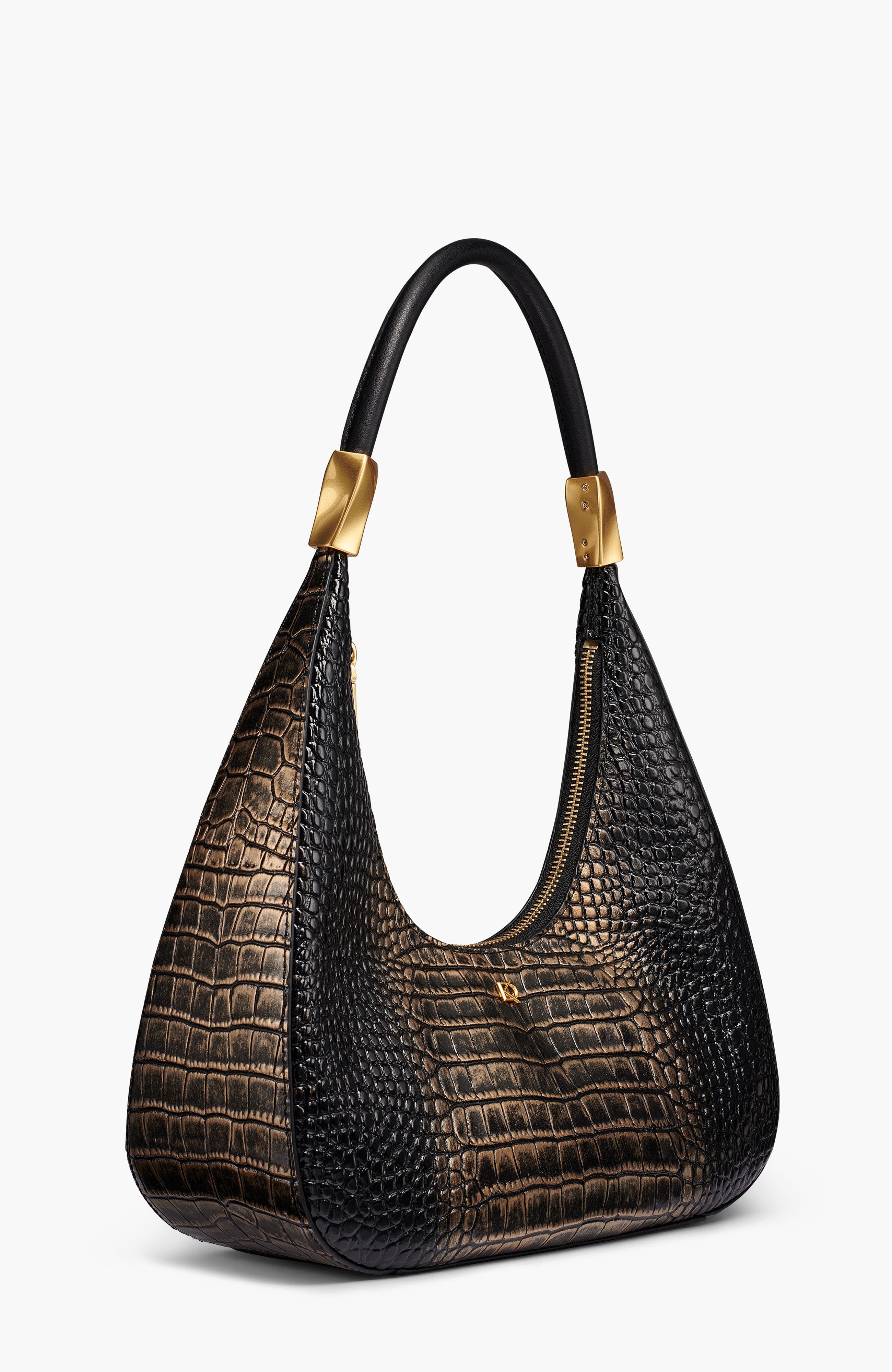 Quogue Shoulder Bag, Alternate, color, Black/Gold Crocodile