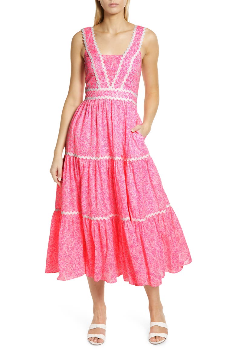 Pollie Floral Rickrack Tiered Cotton Dress, Main, color, PINK SHANDY