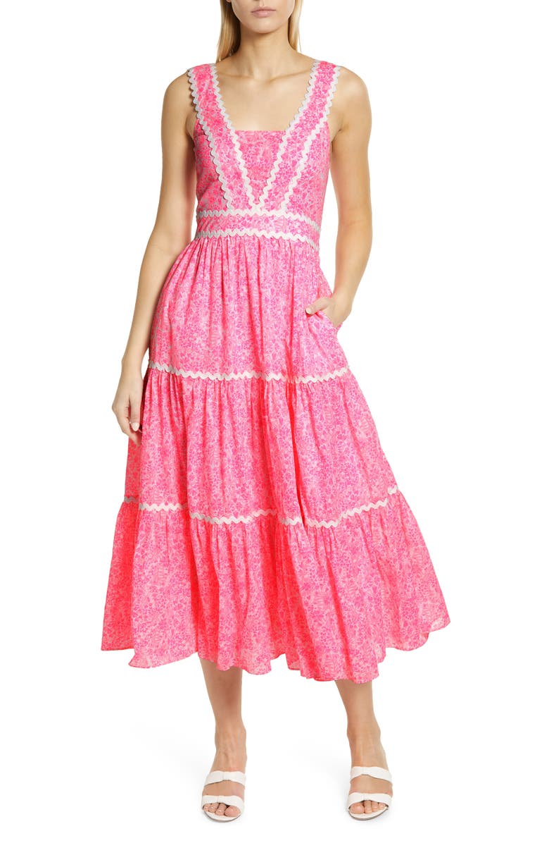 Lilly Pulitzer<sup>®</sup> Pollie Floral Rickrack Tiered Cotton Dress, Main, color, 