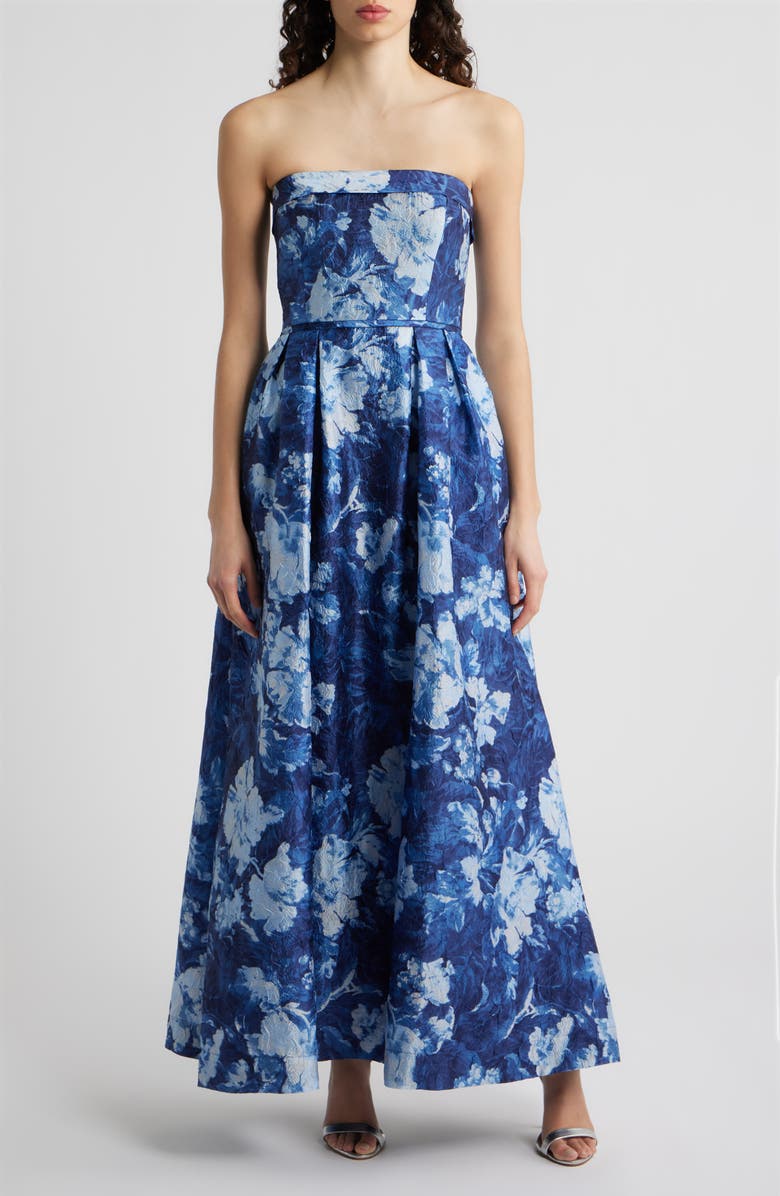 Tahari ASL Crinkled Floral Gown, Alternate, color, Navy
