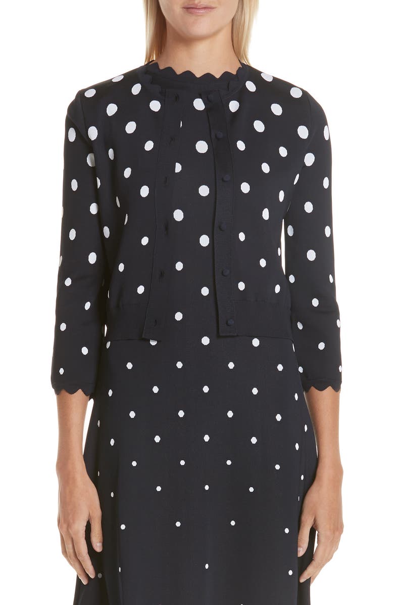 Oscar de la Renta Scallop Edge Polka Dot Cardigan, Main, color, 