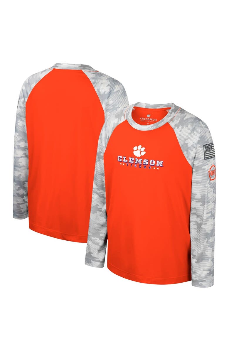 COLOSSEUM Youth Colosseum Orange/Camo Clemson Tigers OHT Military Appreciation Dark Star Raglan Long Sleeve T-Shirt, Main, color,