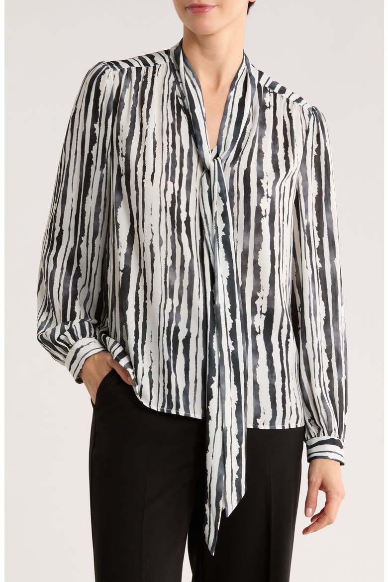 Tie Neck Georgette Top, Main, color, BLACK/ WHITE STRIPE