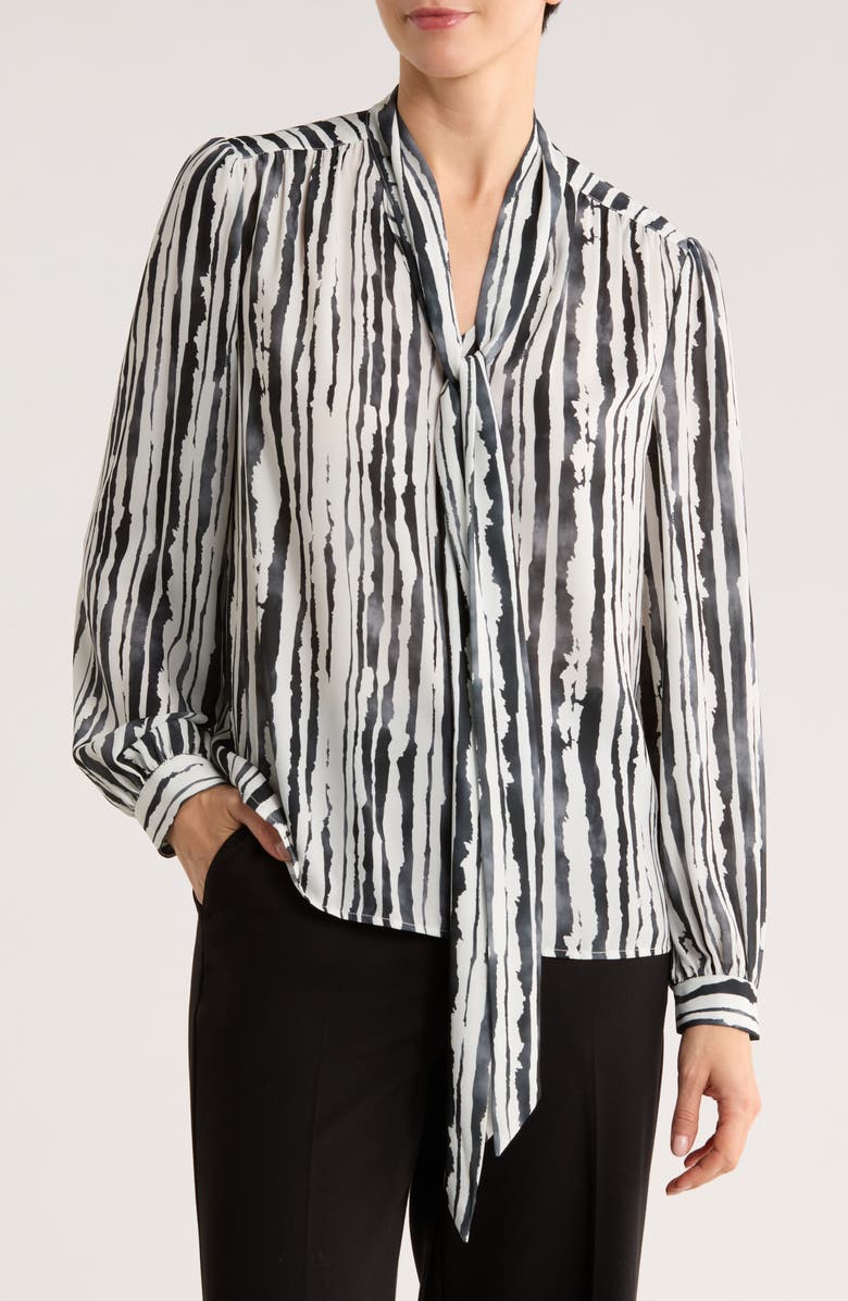 Gemma + Jane Tie Neck Georgette Top, Main, color, Black/ White Stripe