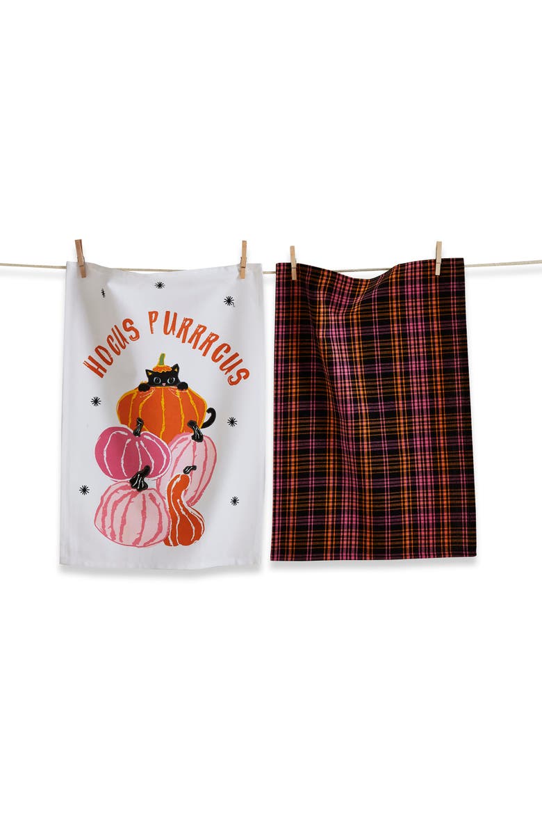 Hocus Purrcus Cat Kitchen Towels Set of Two Halloween Cotton, Main, color, Orange