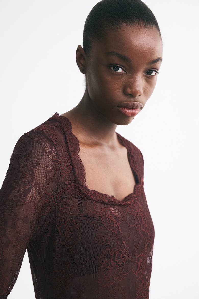 Square-neck Lace Dress, Alternate, color, Dark brown