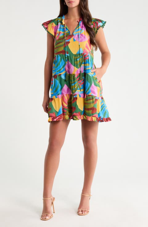 Novi Tropical Print Cotton Shift Minidress