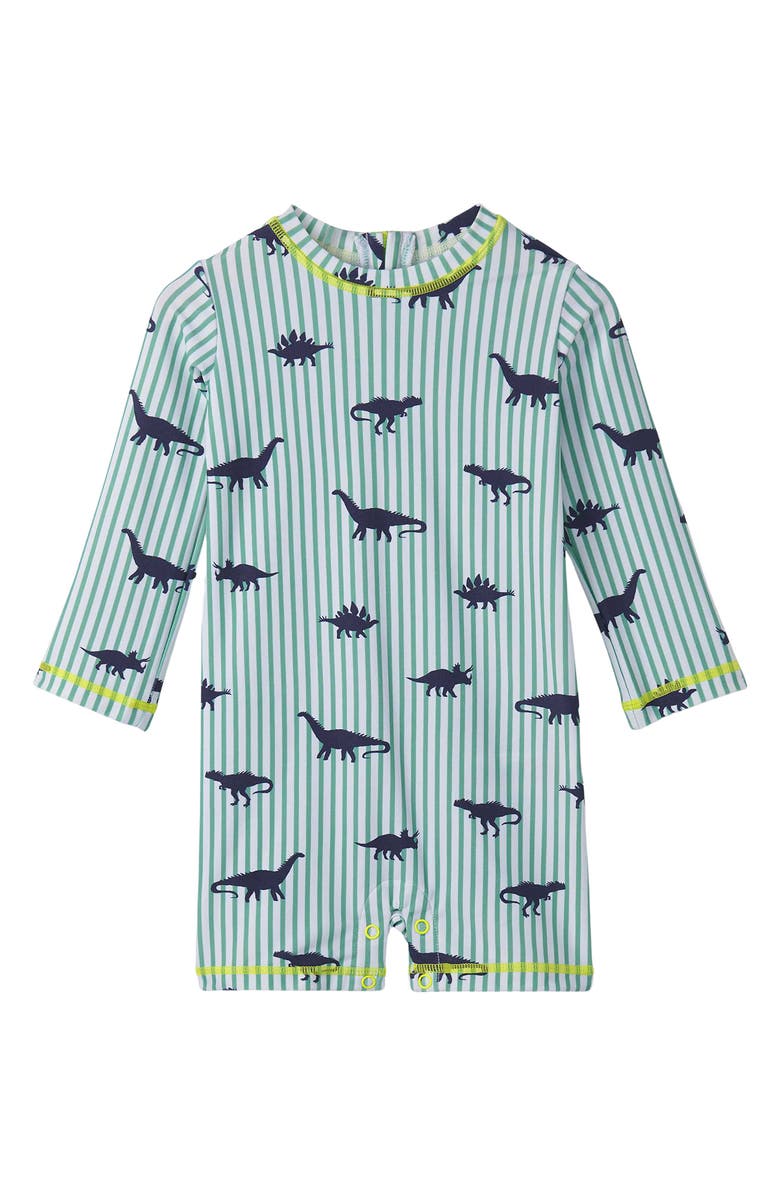 Hatley Dino Stripes Long Sleeve One-Piece Rashguard Swimsuit, Main, color, 