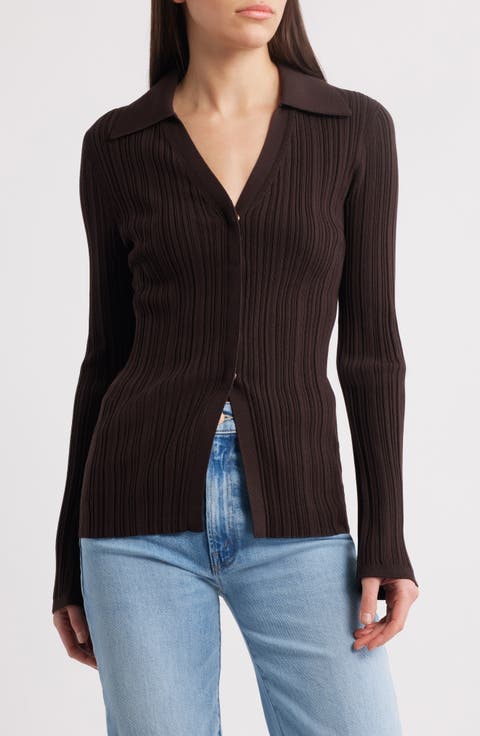 Collared V-Neck Rib Cardigan