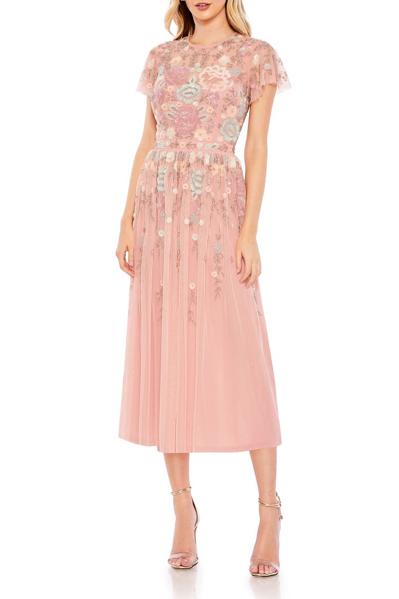 Embellished Illusion High Neck Butterfly Sleeve Midi Dress, Main, color, DUSTY ROSE