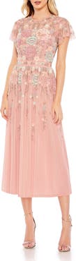 Mac Duggal Embellished Illusion High Neck Butterfly Sleeve Midi Dress
