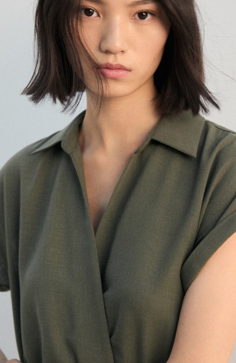 MANGO Pleated Tie Waist Maxi Shirtdress, Alternate, color, Khaki Green