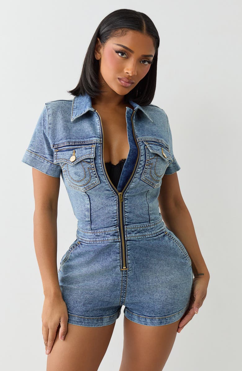 True Religion Zip Denim Romper, Alternate, color,