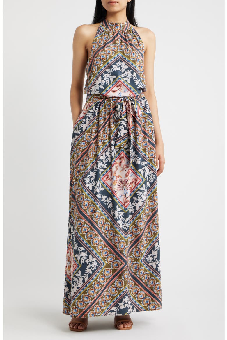 Halter Maxi Dress, Main, color, NAVY MULTI