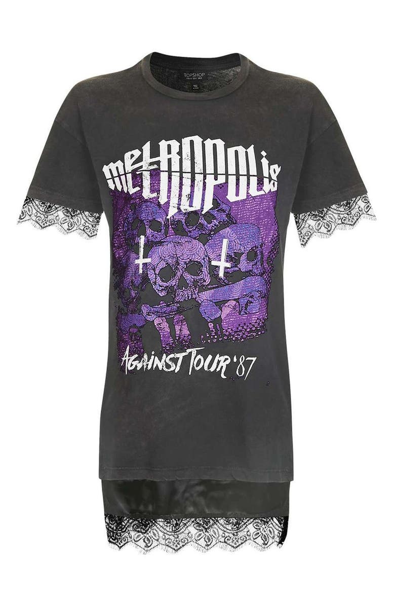 Topshop Lace Hem Graphic Tee, Alternate, color, 