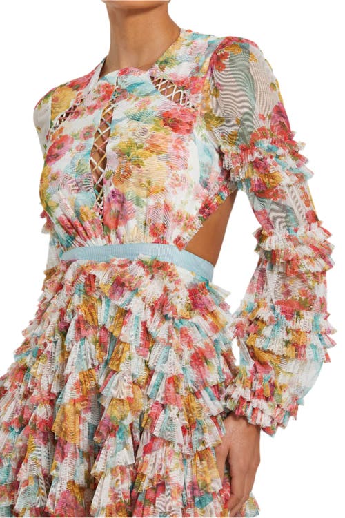 Mac Duggal Long Sleeve Tiered Ruffle Cutout Criss Cross Dress In White Multi