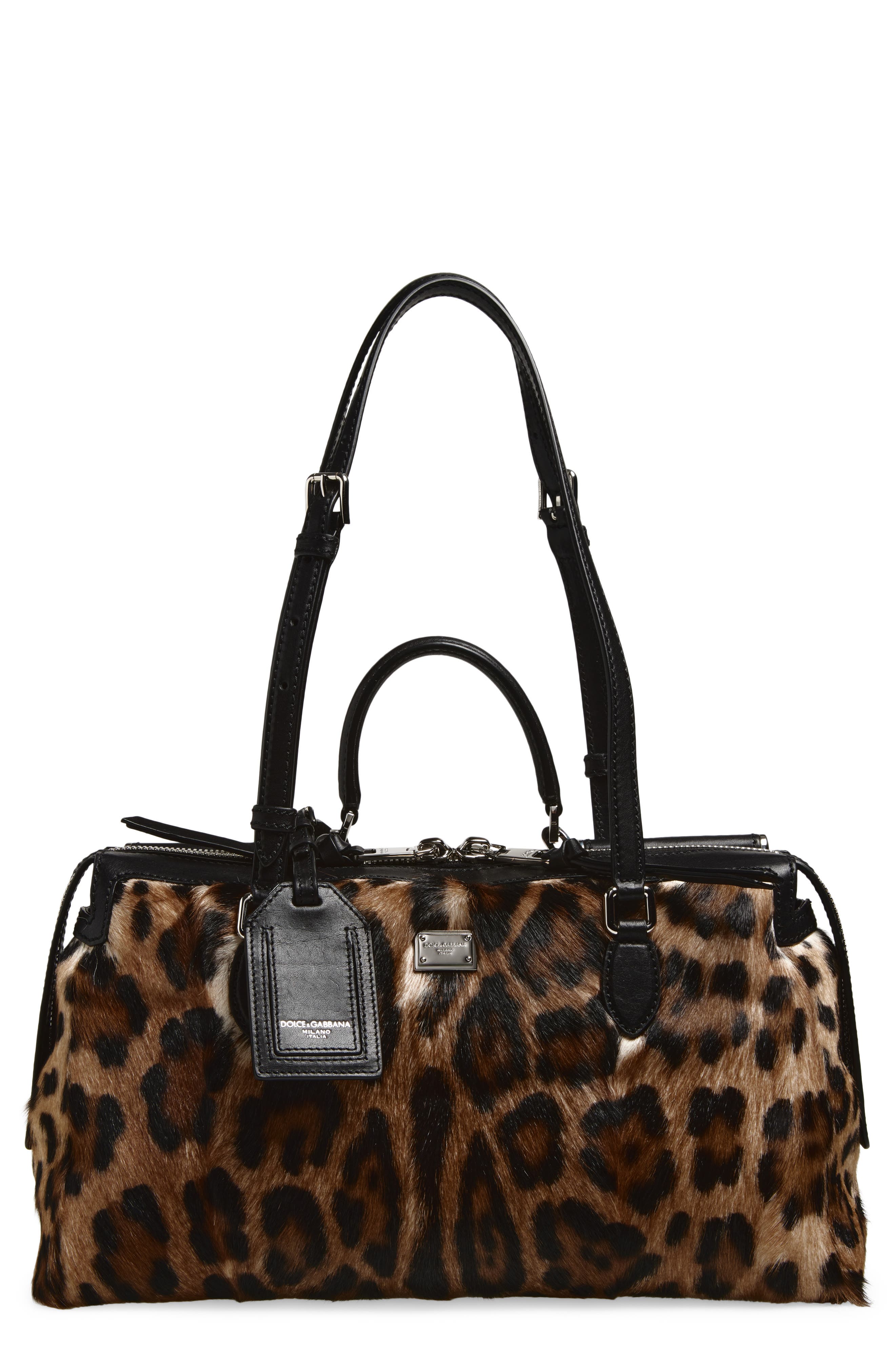 Dolce&Gabbana Rumble Leopard Print Genuine Calf Hair Satchel, Main, color, 89738 Leo/ Nero
