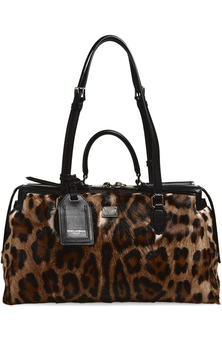 Dolce&Gabbana Rumble Leopard Print Genuine Calf Hair Satchel, Main, color, 89738 Leo/ Nero
