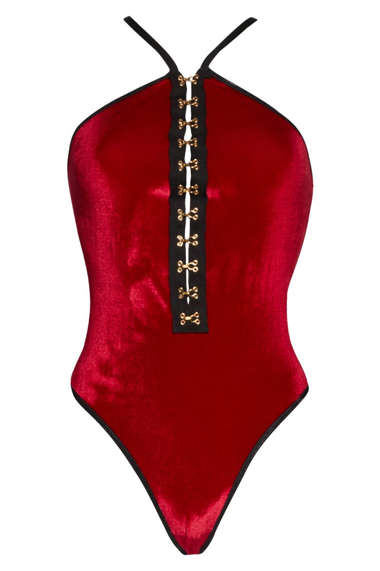Strappy Back Velvet Teddy, Main, color, RED