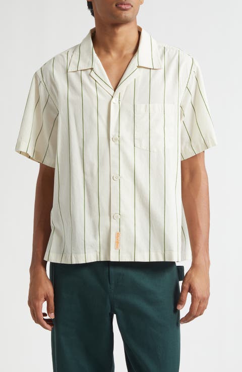 Celery Stripe Short Sleeve Cotton Button-Up Shirt