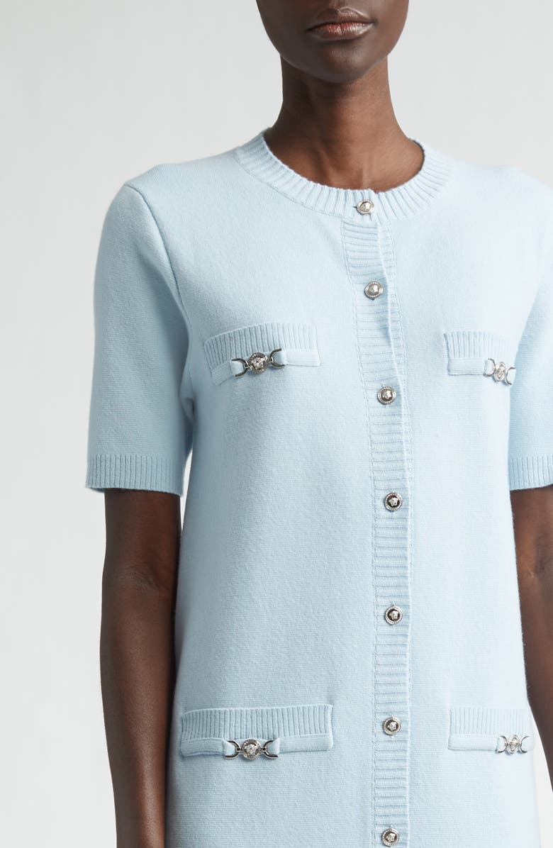Versace Medusa Short Sleeve Virgin Wool & Cashmere Sweater Dress, Alternate, color, Pastel Blue