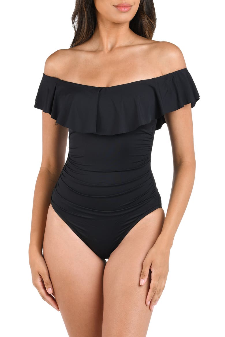 Island Goddess Off the Shoulder One-Piece Swimsuit, Main, color, BLACK