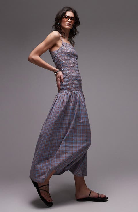 Plaid Smocked Drop-Waist Midi Dress