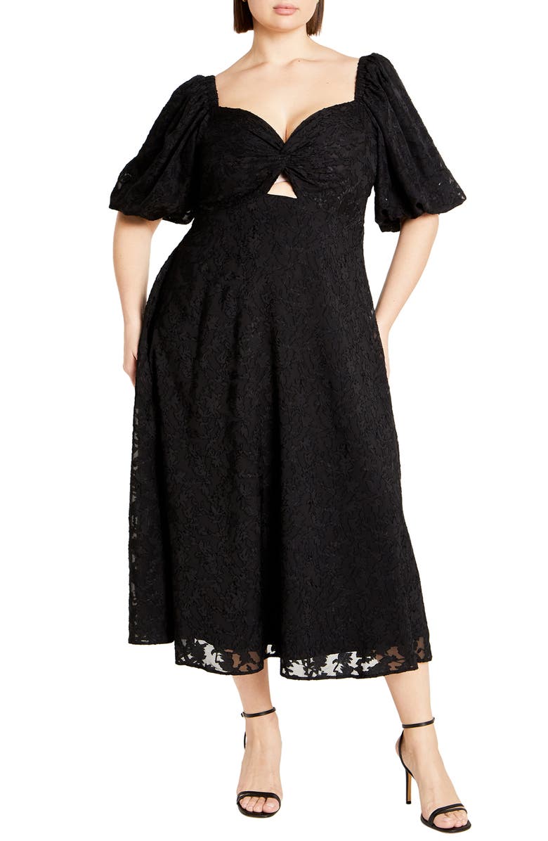 City Chic Inez Floral Cutout Puff Sleeve Dress, Main, color, 