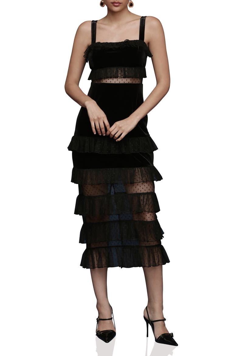 Tiered Ruffle Velvet Maxi Dress, Main, color, BLACK