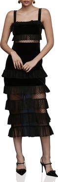 Avec Les Filles Tiered Ruffle Velvet Maxi Dress