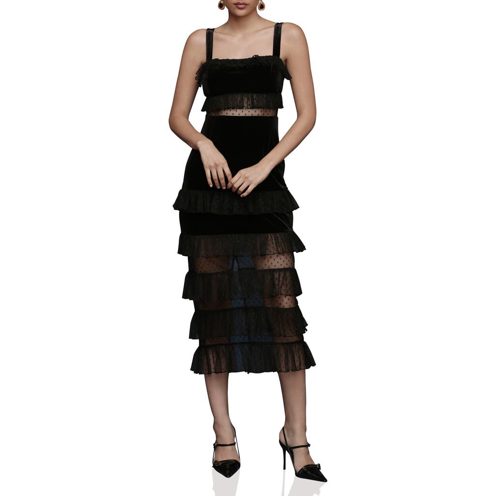 Avec Les Filles Tiered Ruffle Velvet Maxi Dress In Black