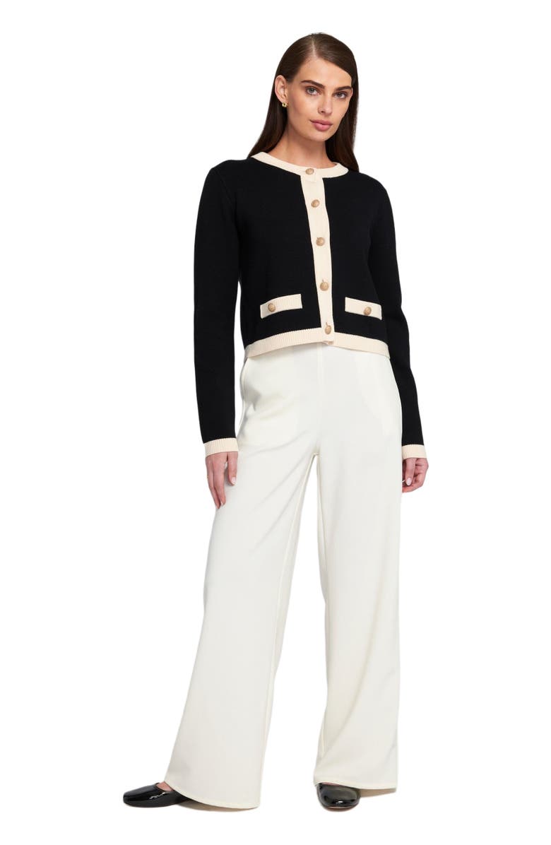 ELLE Collection Fine Gauage Light Weight Framed Cardigan Sweater, Main, color, Black/Cream