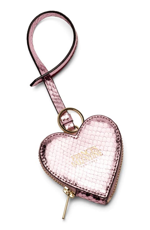 Heart Snakeskin Embossed Metallic Leather Key Chain Wristlet