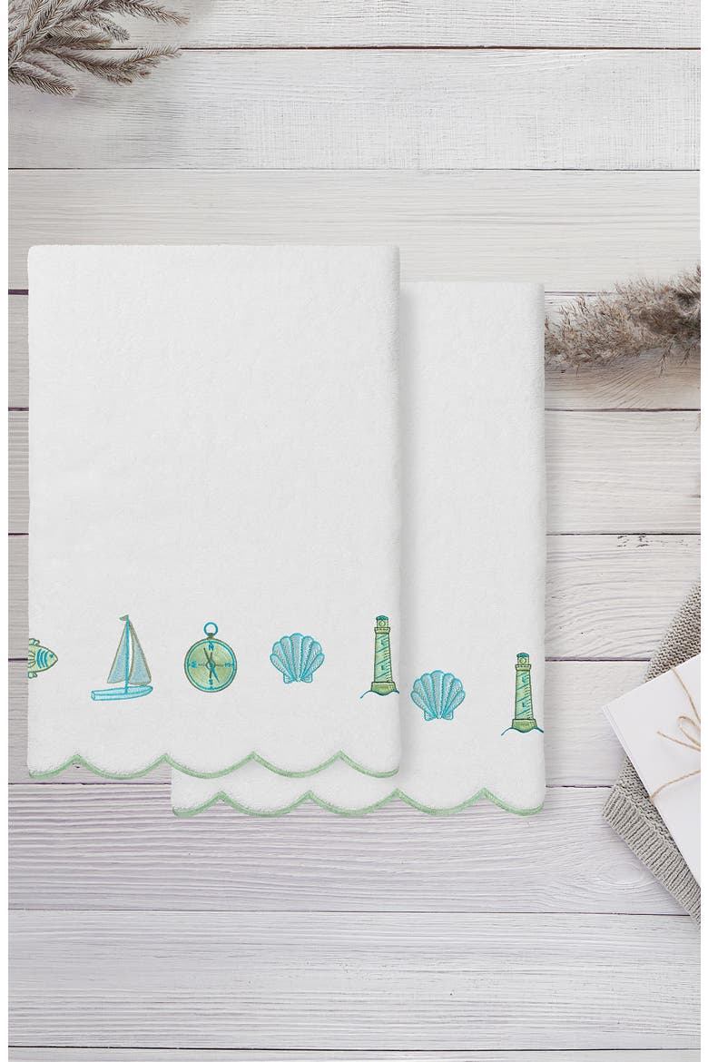 2-Piece Sea Joy Embroidered Turkish Cotton Bath Towel Set, Alternate, color, WHITE/ GREEN