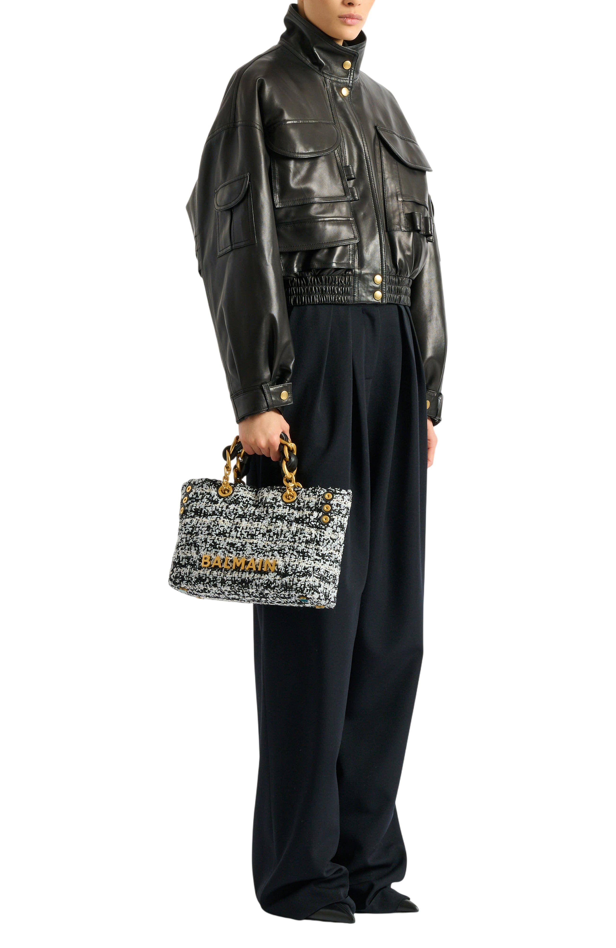 Balmain Small 1945 Soft tweed tote bag, Alternate, color, Black