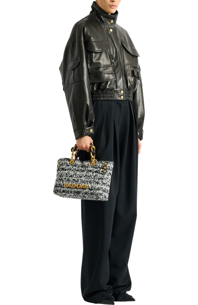 Balmain Small 1945 Soft tweed tote bag, Alternate, color, Black