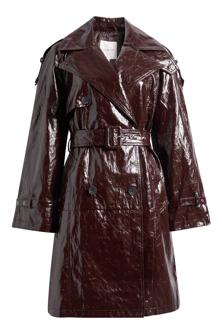 Belted Double Breasted Faux Leather Trench Coat, Alternate, color, DARK PLUM