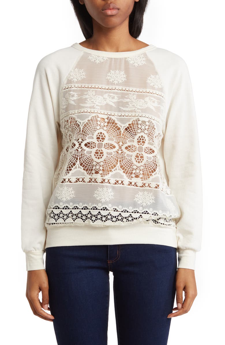 Forgotten Grace Lace Panel French Terry Pullover, Main, color, Oatmeal