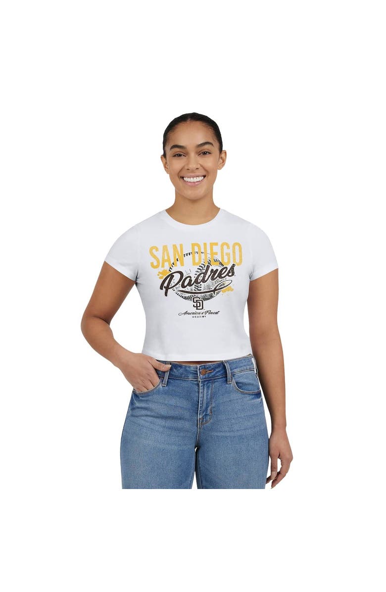 WEAR by Erin Andrews Women's WEAR by Erin Andrews  White San Diego Padres Distressed Cropped Baby T-Shirt, Alternate, color, 