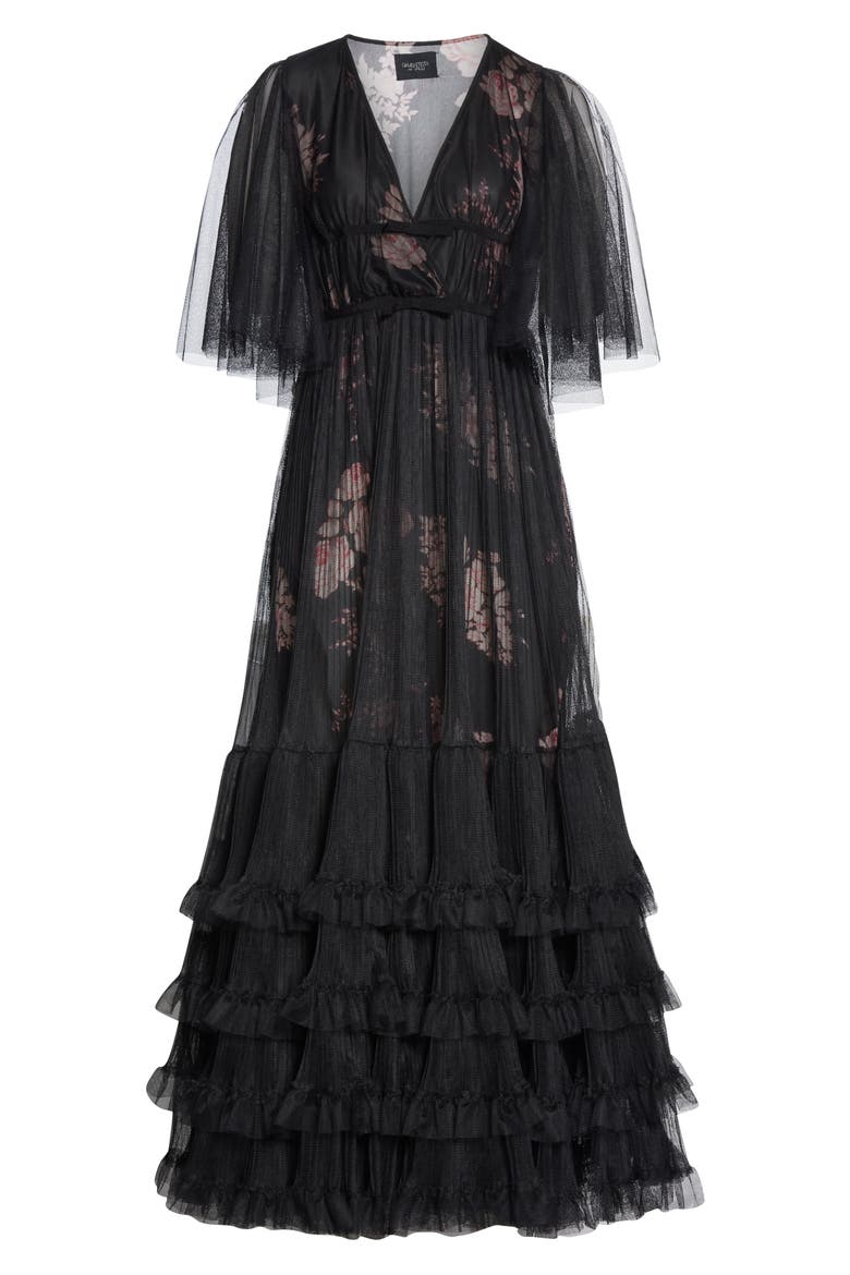 Pleated Tulle Overlay Floral Gown, Alternate, color, BLACK