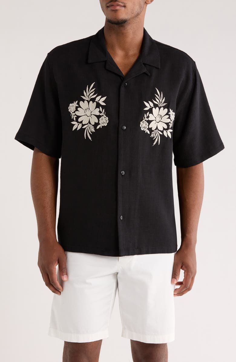 PacSun Floral Appliqué Lyocell Camp Shirt, Main, color, Black