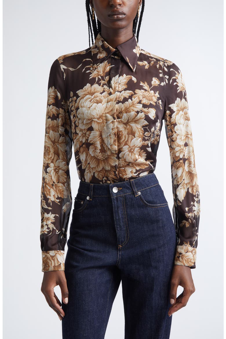Rose Print Silk Chiffon Button-Up Shirt, Main, color, HM4OX ROSE CRETONNE F.MORO