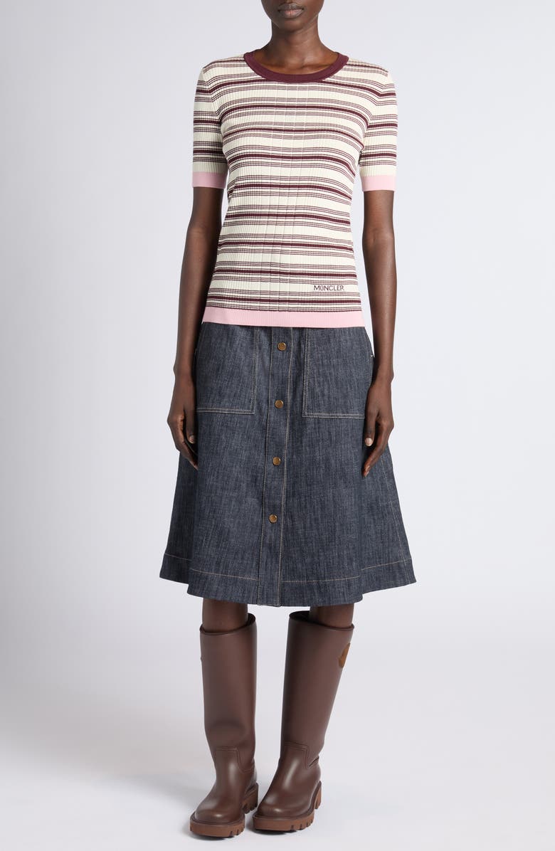 Moncler Stripe Rib Short Sleeve Cotton Sweater, Alternate, color, White/ Beige