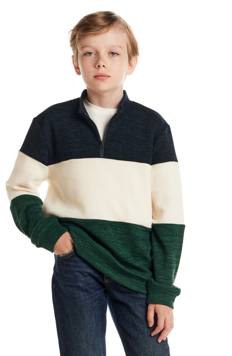 Andy & Evan Kids' Colorblock Quarter Zip Cotton Sweater, Alternate, color, Green Stripe