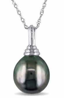 DELMAR 14K White Gold Cultured Black Tahitian Pearl Pendant Necklace